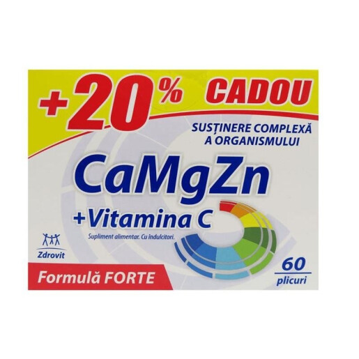 Ca, Mg, Zn, Vitamina C forte x 60 plicuri + 20% cadou, Zdrovit