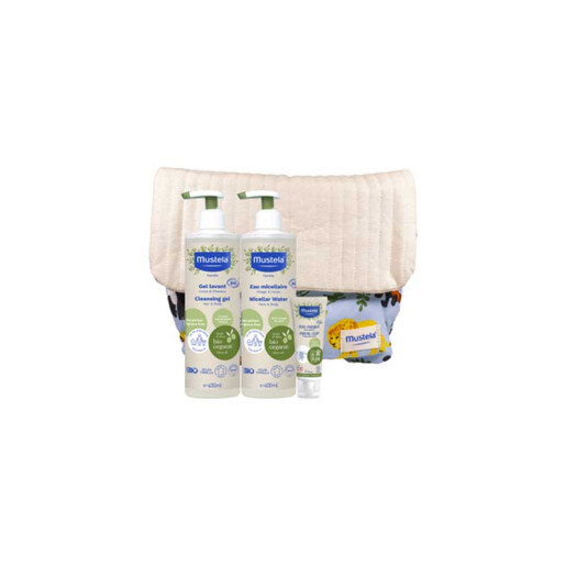 Pachet Mustela Bio, Gel de curatare certificat BIO 400 ml, Apa micelara certificata BIO 400 ml, Esantion Crema hidratanta BIO 40 ml, Rucsac, Mustela