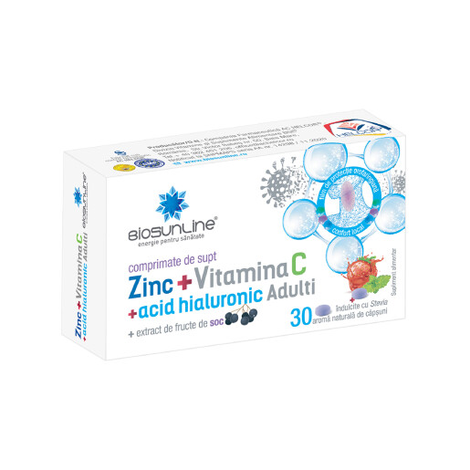 Zinc cu vitamina C si acid hialuronic Adulti, 30 cpr. de supt, BioSunLine