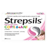 Strepsils cu aroma de capsuni fara zahar copii 6+ ani, 24 pastile, Reckitt Benckiser