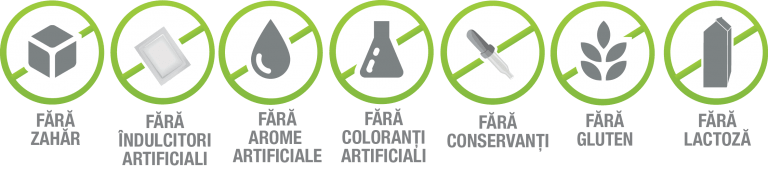 Produsul nu contine: conservanti, coloranti, zahar, lactoza, gluten, aromatizanti sau indulcitori artificiali.